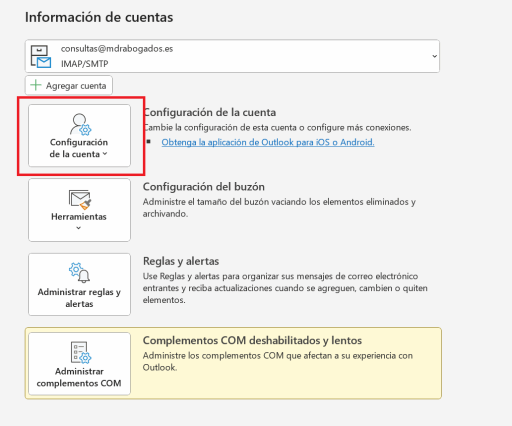 Configurar correo corporativo en Outlook 14 Configuracion de la cuenta