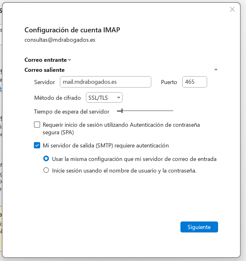 Configurar correo corporativo en Outlook 17 configuracion correo saliente