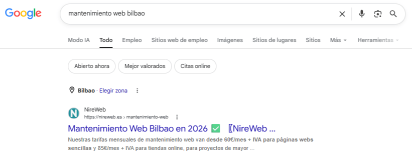 Posicionamiento Web Bilbao 2 Primera posición en Google para Mantenimiento Web Bilbao